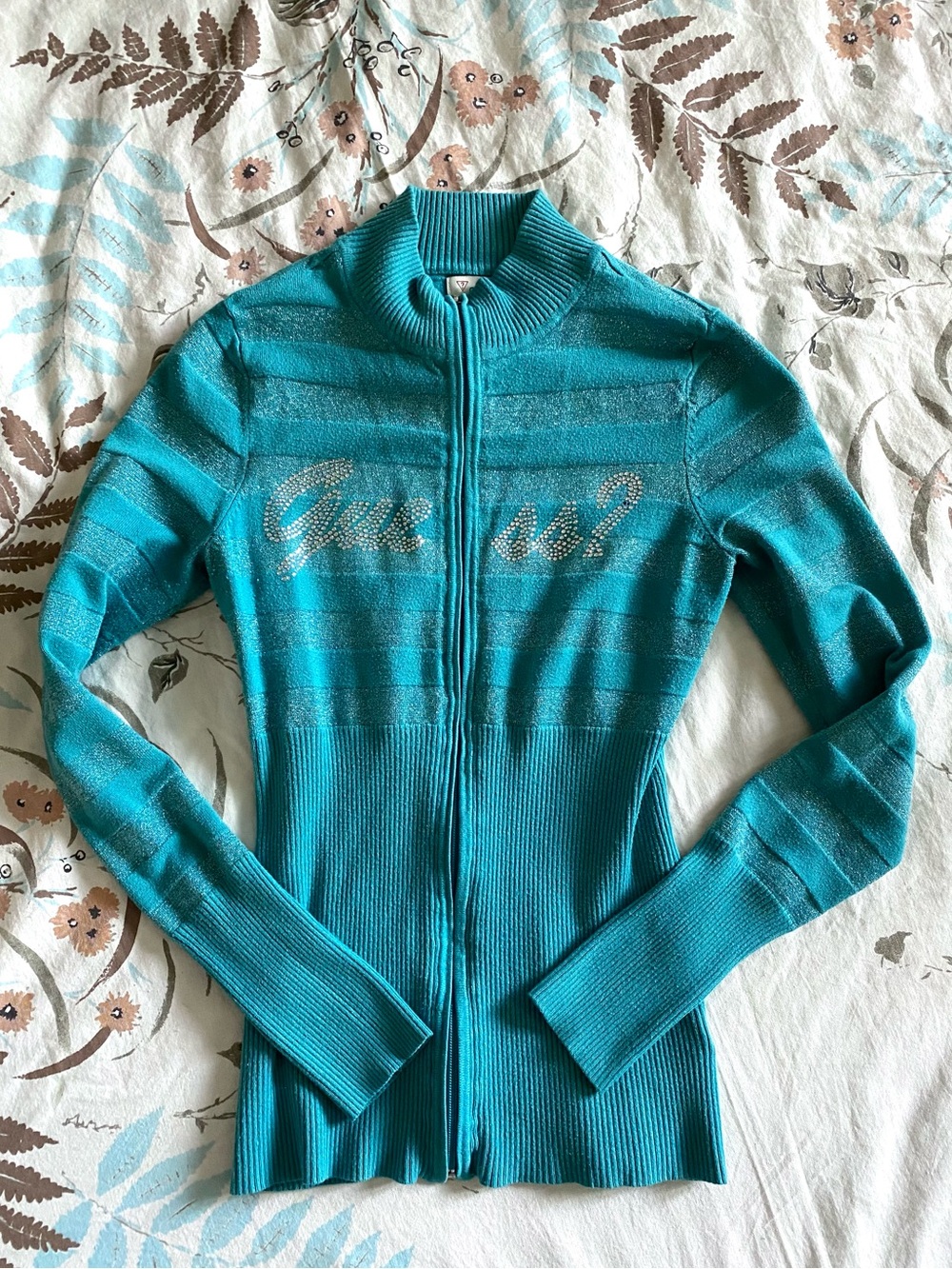 Turquoise striped & ribbed Guess rhinestone mock neck track jacket💎